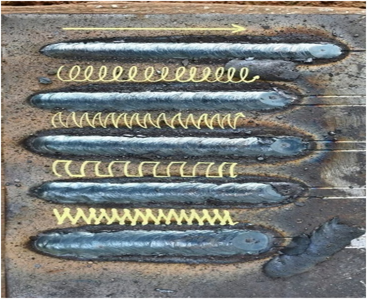 Stick welding bead practice showing straight weld beads on a steel plate using a coated electrode
