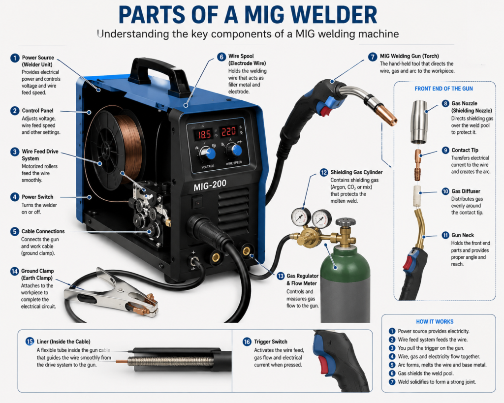 Labeled diagram showing the main parts of a MIG welder, including the welding gun, wire feeder, power source, ground clamp, shielding gas cylinder, and control panel.