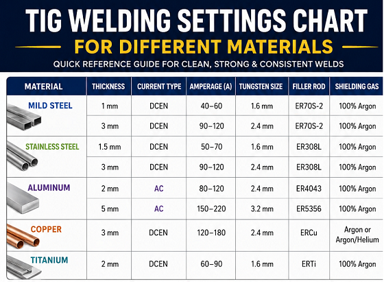 TIG welding settings chart infographic showing recommended amperage, tungsten size, filler rod, and shielding gas settings for mild steel, stainless steel, aluminum, copper, and titanium, including gas flow rates and troubleshooting tips.